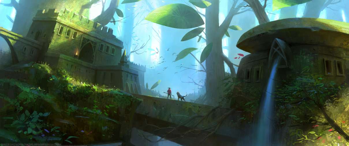 Temple in the forest ultrawide wallpaper