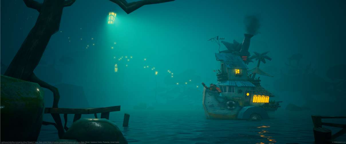 Lighthouse and Fireflies (concept by Arthus Pilorget) ultrawide wallpaper